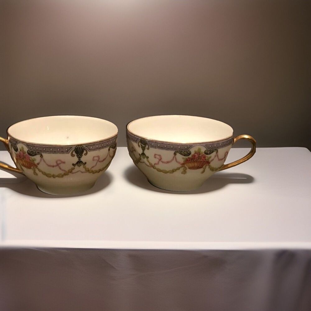 Teacups antique Limoges France for Murray Kay Toronto floral swag white purple